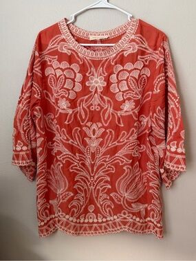 Solitaire Coral Embroidered Tunic Top Boho Floral Cotton 3/4 Sleeve Women L